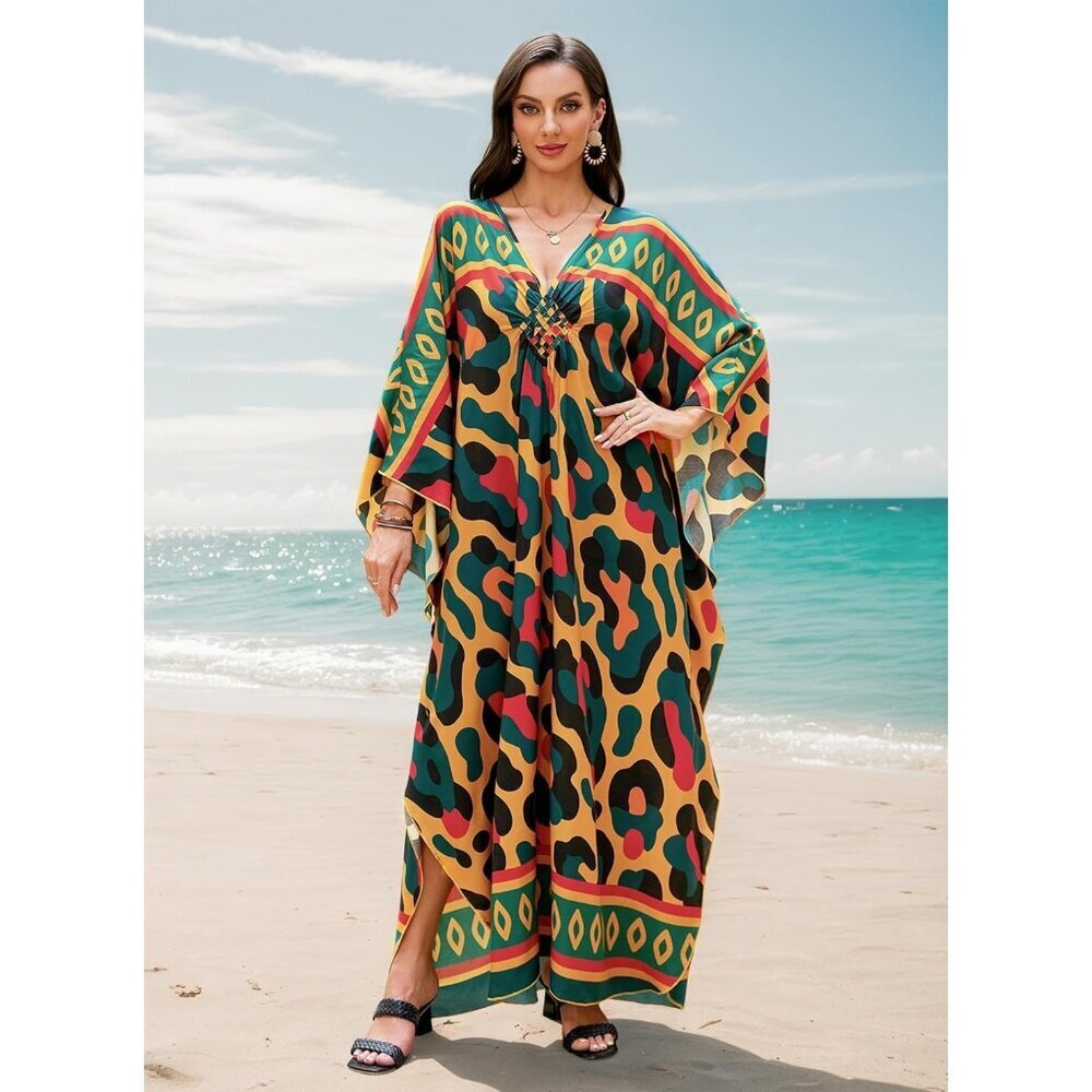 Women Orange & Green V-neck Batwing Sleeve Flowy Split Hem Bohemian Kaftan Dress - Picture 6 of 7